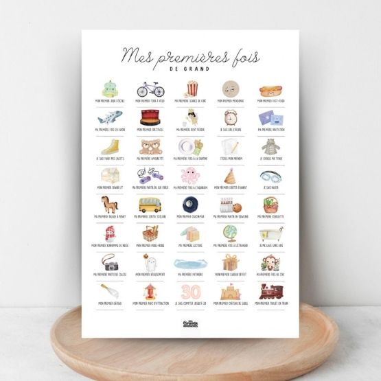 Affiche illustrée « Mes premières fois de grand » avec 40 cases d’expériences d’enfance.