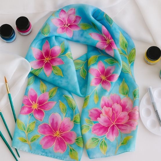 Foulard en soie peint à la main avec des fleurs roses et feuilles vertes.