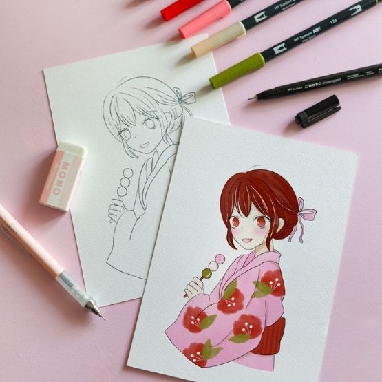 Illustration manga d’une jeune fille en kimono rose fleuri, partiellement coloriée avec des marqueurs.